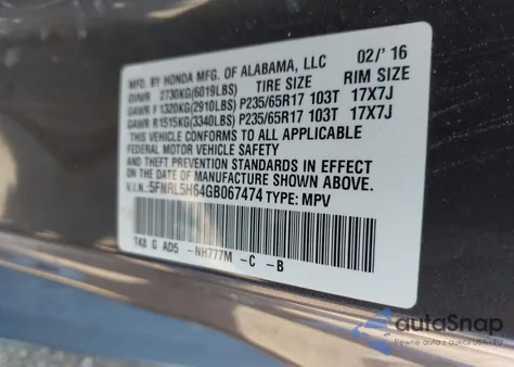 2016 Honda Odyssey Ex-L from USA, damaged, VIN 5FNRL5H64GB067474